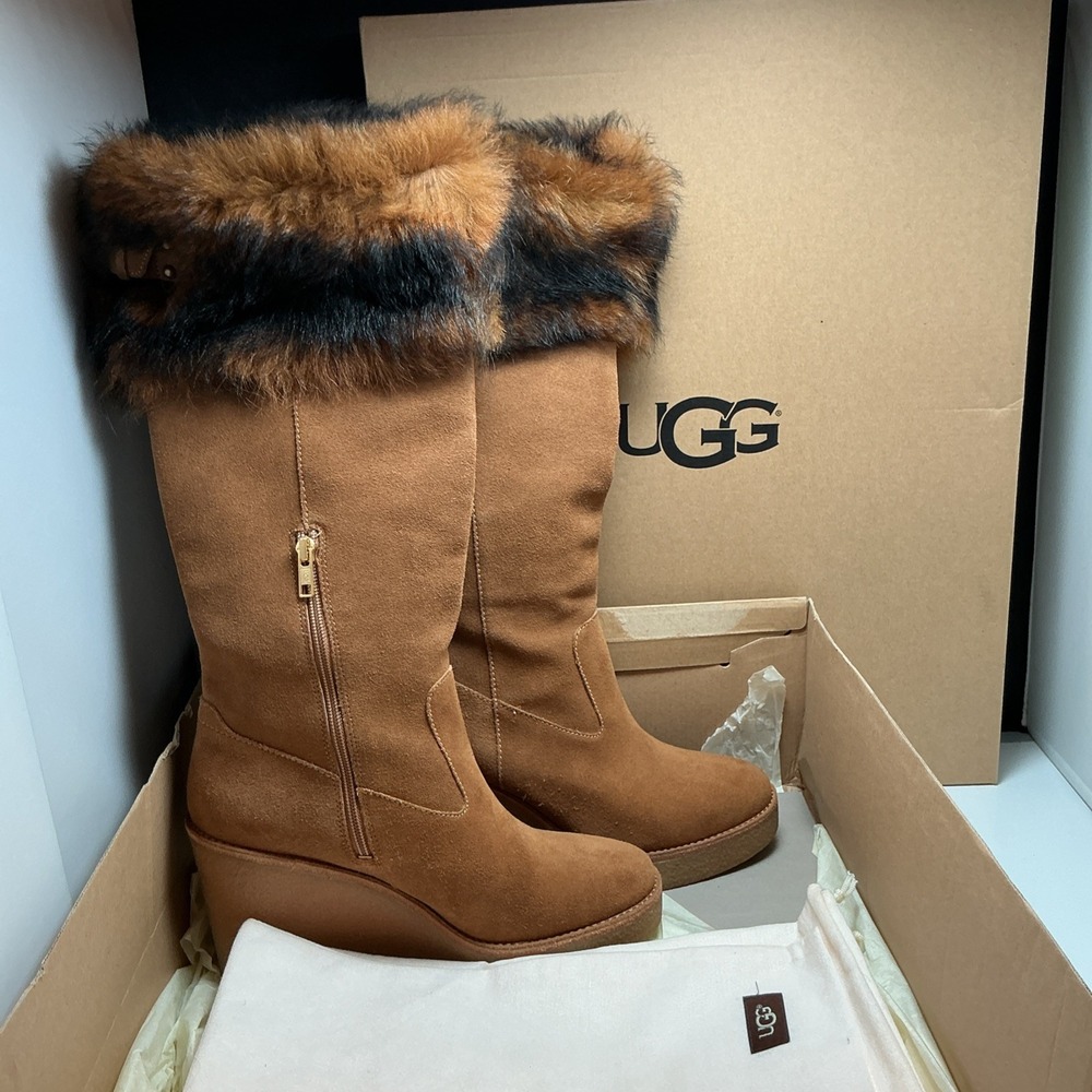 UGG Valberg Toscana Fur Wedge Boots Chestnut Brown Suede Platform Women 10 W.box